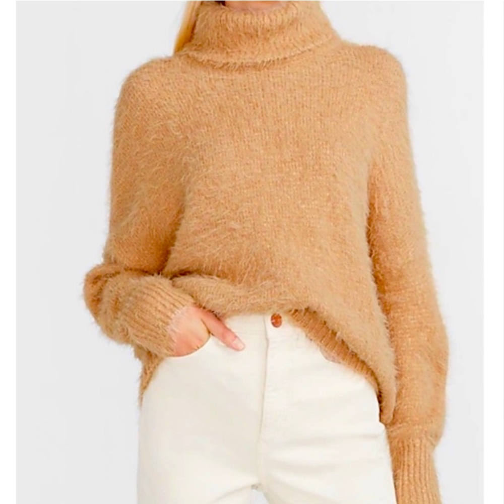 Express L Cozy Tan Fuzzy Shiny Oversized Turtleneck Sweater